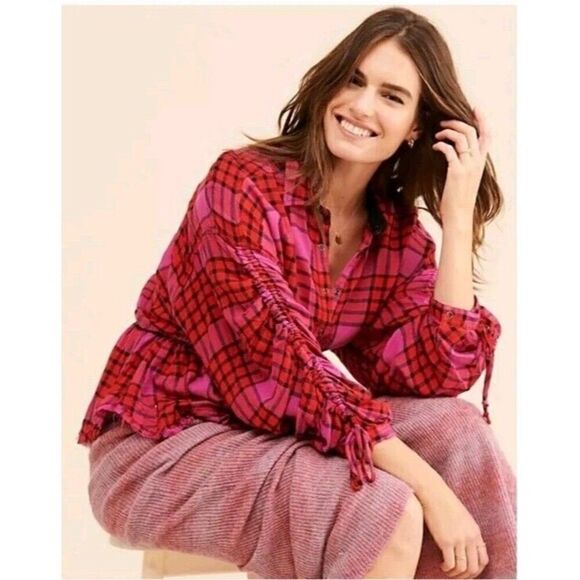 Free People Pacific Dawn Plaid Shirt Hot Pink Red Plaid Snap Button Down XS - Picture 1 of 11